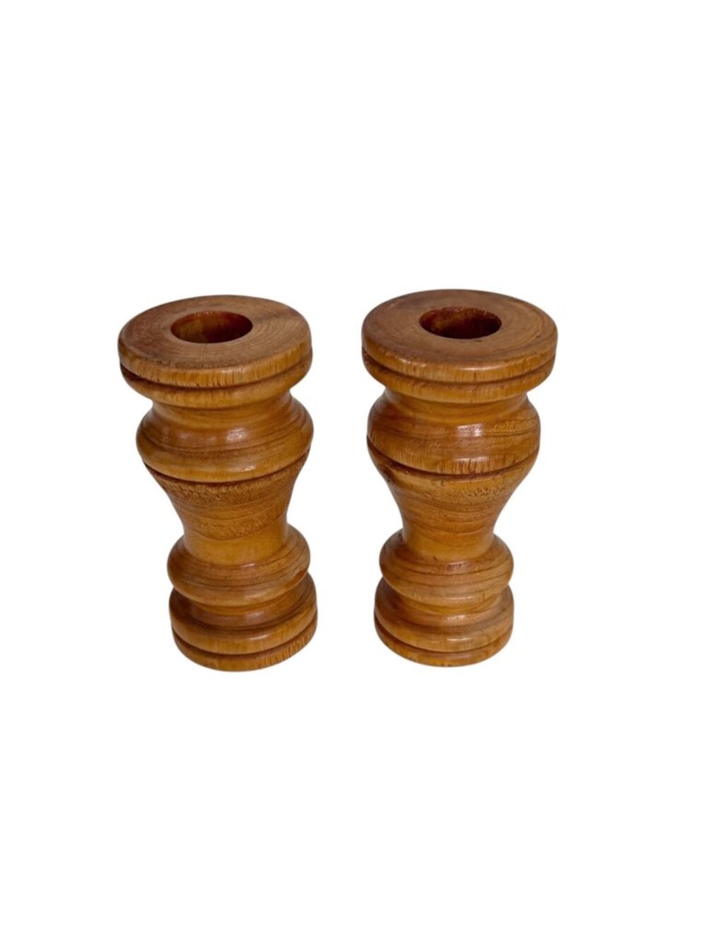 Vintage Pair of MCM Farmhouse Rustic Hand Turned Wooden Candle Holders